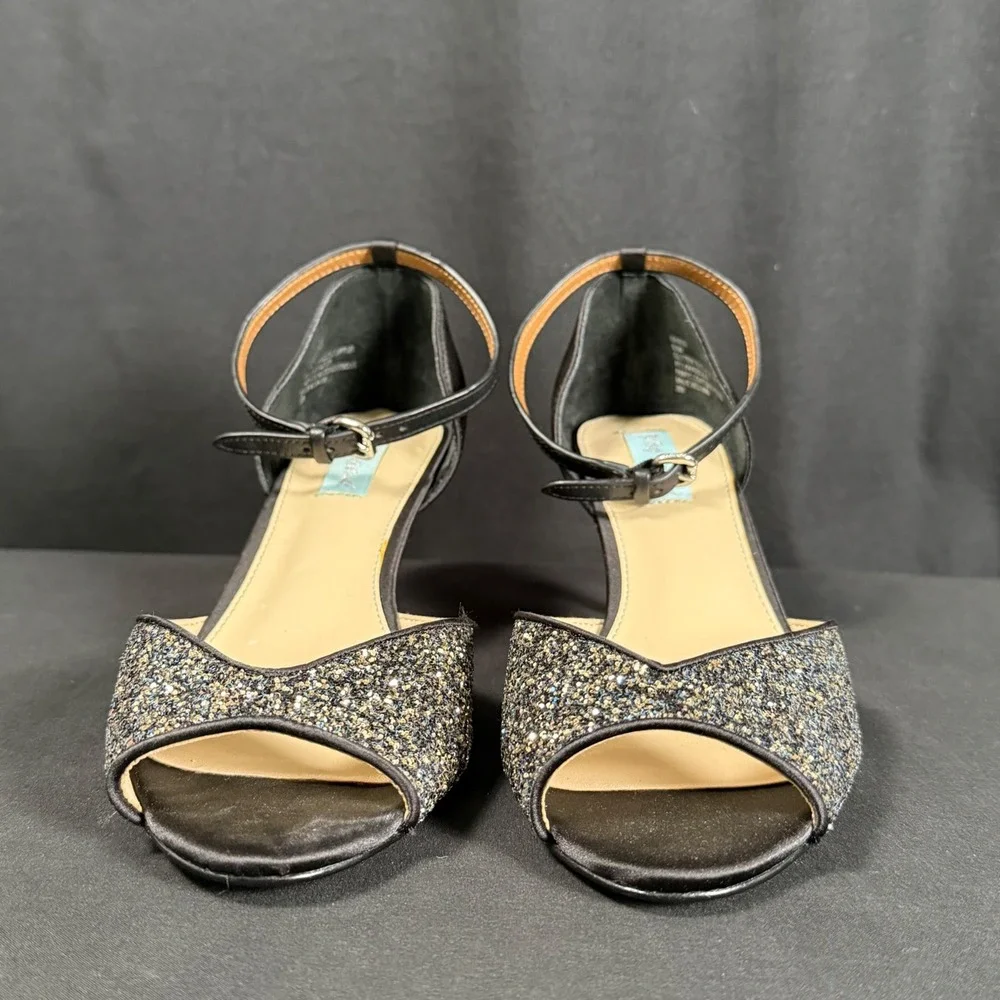 Betsey Johnson SB-RITA Black Glitter Peep Toe Kitten Heels Pumps Womens 8.5M